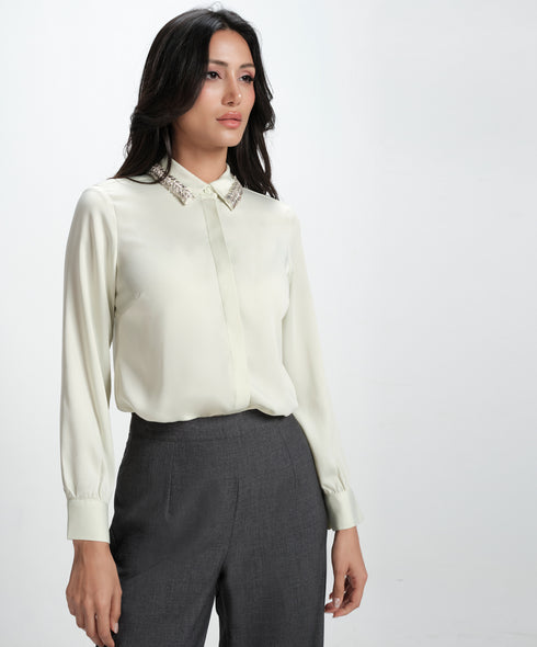 Collar Bead Detailed Chiffon Shirt